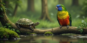 ((((an amazing african parrot in a national park at a lake))))
no merged bodies

beautiful perfect feet
The parrot sits on a stone in the jungle. 
(((((a turtle sits on a thick branch)))))
Under the surface, there is a fish
(((((nothing in beak)))))
(((((beautiful parrots, beautiful turtle))))),Imp'roveBG