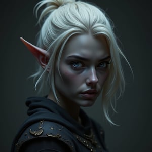 1girl, (masterpiece,score_9,score_8_up,score_7_up,score_6_up),girl, female elf, pointy ears, solo,   
,FluxBoost,
((perfect lighting, illuminating all the skin and face)).

(((20 years old))),  ((sharp focus)), (((light armor, very light armor))),
((((portrait of the face, many details, very attractive))),

((((Triss)))), ((light blue eyes)), ((glowing eyes)), ((short ears, horizontal ears)), ((very athletic, highly intelligent))
((strands in face)), ((attractive blond hair, medium hair, hair bun, wind in hair))

