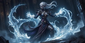 A breathtaking and cinematic shot of a stunningly beautiful 18-year-old dark elf magician, captured in the midst of casting a powerful ice spell. She stands tall, poised, and confident, her delicate features reflecting both intelligence and elegance. Her sharp, pointed ears and thin nose are perfectly accentuated against the deep, shadowy tones of her skin, which is the darkest black imaginable—darker than shadows, absorbing all light.

Her long, stark white hair, masterfully styled with elegant top braids, cascades down her back in soft, flowing strands. The hair gleams faintly under the ambient light, contrasting dramatically with her black skin. Her eyes, glowing with magical intensity, are either amber, red, or violet—crystal clear and focused on her enemy, with an otherworldly clarity. The soft glow of her eyes reflects the magic she commands.

She wears dark, luxurious robes in deep shades of dark blue, red, or lilac, trimmed with subtle details that indicate her power and status. Beneath her robes, soft leather armor provides protection without sacrificing elegance. Her movements are fluid, her posture refined, as her perfectly shaped hands channel the ice spell with precision. Her hands are flawless, every finger delicately positioned, with no imperfections.

The environment reflects the cold power of her magic. Frost spreads outward as her spell takes effect, freezing her enemy on the spot. The ice crackles in the air, catching the faint light as it envelops her opponent. The atmosphere is tense, with misty cold air swirling around her, but she remains unaffected by the chill. Her black skin remains untouched by the freezing temperatures, highlighting her immunity to her own deadly spell.

The battle takes place in a dimly lit setting, with the focus on her and the icy aftermath of the spell. Splintered wood from a door nearby shows the impact of previous magic, and the ground is scorched from earlier fire spells. A subtle breeze lifts the edges of her robes as she stands amidst the scene, ready for whatever comes next. Her feet are adorned in practical but elegant fantasy footwear, adding to the overall mystique of her appearance.

She is the perfect portrayal of a dark elf magician in the heat of battle, commanding the elemental forces of ice with grace and power.

The full battle scene is shown.
And the enemy is a orc warrior with an axe. she directs the spell at his hands, to freeze him:
All around his skin form ice particles. she is not freezing herself. The warrior is not using the spell.
Ice forms at the hand of the warrior.
Thre is no door. She freezes him by a mere touch.

Enhanced all,Dark skin tone,Fantasy