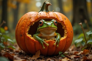 A whimsical frog hybrid that lives inside a pumpkin, having made his home very comfortable.
The unfolding scene has an extremely realistic touch, but is, in fact, very fantastic, and would happen only in your wildest dreams.
