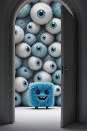 A wall out of many dull coloured cubes with eyes. But only the vibrant blue cube-shaped mascot is happy and smiling. Focus on the smile.
A door opens, putting the scene into perfect lighting.