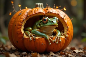 A whimsical frog hybrid that lives inside a pumpkin, having made his home very comfortable.
The unfolding scene has an extremely realistic touch, but is, in fact, very fantastic, and would happen only in your wildest dreams.
