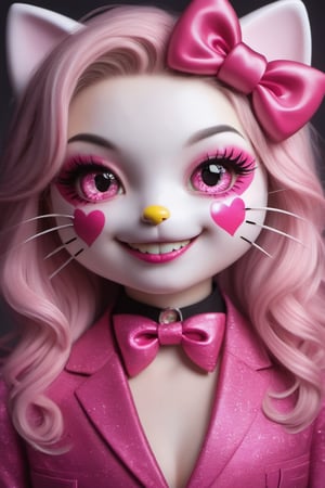 1girl, solo,(cosplaying as Joker (from Batman's Movie)):0.6), evil eyes, detailed face, detailed eyes, matching cosplay make-up, colourful joker face paint, (((cat eyes))), colourful paint in face,suit,Hello Kitty, typical pink Hello Kitty skin, (perfect cute paws):1.5, ribbon in hair, cute nose, crazy broad joker smile, fine real cat whiskers, Text saying:"Kitty", SFW