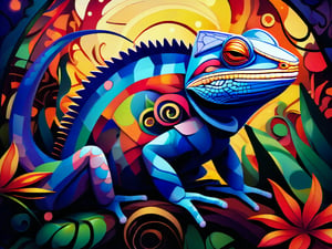 In this stunning art portrait of an obese frilled-neck lizard, a striking blend of geometric shapes and swirling patterns is brought to life by the masterful work of Gaudi, Dalí and Mc Esher. 
The obese frilled-neck lizard is as artistic, as it is also cute and funny. The background is a jungle with lianas and exotic plants. 

The picture is mesmerizing and intriguing. Its a masterful work of composition and colours,AAr3s1nfl0w,vspop