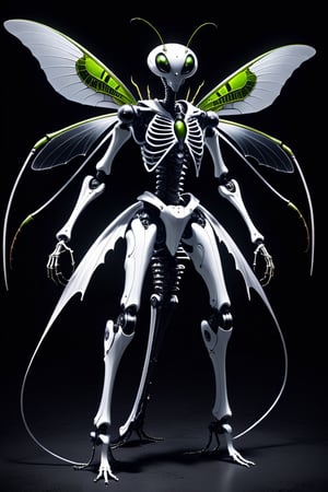 a hichtech android. full body view. The android has 8 eyes, all insect eyes that look creepy and are illuminated. Insectoid, Antennae of an insect. The big head has a headform of an ant. disturbing, mesmerizing, confusing, hightech,P14n03l3g4nt3b0n3,monster. The android is mostly black and white, except for the eyes and wings, but it has faint other colours. Perfect light that gives it a ghostly atmosphere. Very slender build, as it has to fly. It has thorns in several places. The several wings are elegant with a mesmerizing ornament. It has 4 Arms. The whole Android looks like a mixture of a ((mantis)) and a skeleton. It has circle-like ornaments in different areas that intend to confuse and mesmerize. 3/4 angle