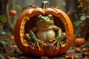 A whimsical frog hybrid that lives inside a pumpkin, having made his home very comfortable.
The unfolding scene has an extremely realistic touch, but is, in fact, very fantastic, and would happen only in your wildest dreams.
The pumpkin really is huge, for that it is not fully in the picture but cropped. It has a fantastic interior, showing the fantastic living room of the frog hybrid .
