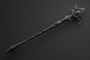 Create a picture of a dark elf Staff.

It has magical runes in an unknown language, 
on the end is its power source.

The general material is dark ebony.
The staff is portrayed against a neutral background

High quality, perfect composition, perfeght lighting.