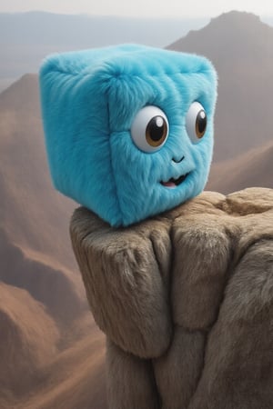 vibrant blue cube-shaped mascot on the brink of a canyon, looking down, seeing the vast canyon,
amazing photo with perfect light, perfect angle, masterfully put in scene to produce a dangerous looking photo that is immensely stunning.
You can see its eyes and little feet. 