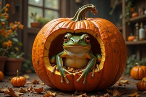 A whimsical frog hybrid that lives inside a pumpkin, having made his home very comfortable.
The unfolding scene has an extremely realistic touch, but is, in fact, very fantastic, and would happen only in your wildest dreams.
The pumpkin really is huge, for that it is not fully in the picture but cropped. It has a fantastic interior, showing the fantastic living room of the frog hybrid .
