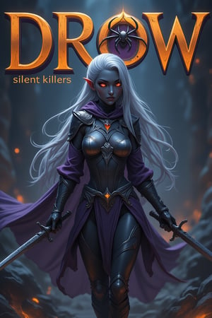 A vibrant anime magazine cover featuring a stunningly illustrated DROW in a realistic photography, dynamic pose, standing confidently with 2 swords in her hand, as a thick black fog engulf her legs: It is her own, deadly aura. Her long, flowing smooth hair with braids and ponytail is blown back by a wind and also her purple cape, while her determined gaze is fixated at a place on the right. The background is a deep blue, gradating to a fiery orange at the edges, with bold, ((dark fantasy style text emblazoned across the top)): 'DROW - silent killers'. A spider is inside the letters. Her hair is stark white, with braids. her pointy ears are long. She slowly walks while she awaits an unseen enemy in a battle stance with her magic weapon. This creature with sleek black skin is seasoned by many a battle: her (silvery, heavily dented light armor) shows it clearly. A spider emblem clearly shows her pure loyality to her dark mistress. She wears purple undergarment and has perfect hands. (Her facial skin is the same as her other skin: sleek black skin, the same goes for her ears: sleek black skin.) She is beautiful and perfect.