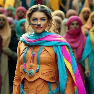 1girl,(((chani))), ((well visible face))
Masterful, perfect lighting, uhd,

chani, on a catwalk, wearing colourful suit clothes, nose plug, colourful scarf over her hair. blue eyes
cheering crowd,
the lighting and composition reflect her mood