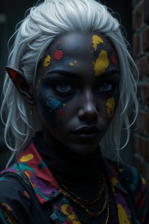 A woman detailed illustration, illustration by Serpieri, best quality, masterpiece, portrait of The Joker (Batman, Heath Ledger), dramatic lighting, chiascuro, light hitting one side of the face, High Definition HD, High Detail, Perfect Composition, mythp0rt,drow,sleek black skin,pointy ears

She is a drow, but she is also a joker. On her (sleek black skin black skin):0.6 she wears the (typical colourful painting of the joker):0.9. (Stark white hair):0.8
She wears very elegant colourful clothes.