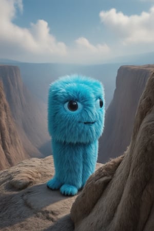 vibrant blue cube-shaped mascot on the brink of a canyon, looking down, seeing the vast canyon,
amazing photo with perfect light, perfect angle, masterfully put in scene to produce a dangerous looking photo that is immensely stunning.
You can see its eyes and little feet. 