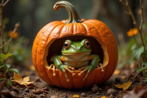 A whimsical frog hybrid that lives inside a pumpkin, having made his home very comfortable.
The unfolding scene has an extremely realistic touch, but is, in fact, very fantastic, and would happen only in your wildest dreams.
