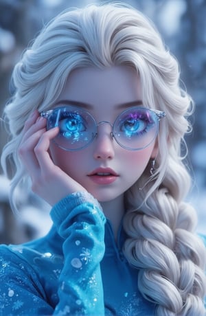 A surreal ice girl, face portrait, futuristic glasses and clothes, the glasses consisting of very fine and well designed Ice, neon gradient coloured.
The clothes are blue, thin, tight, portraying snow flakes

Full lips.
The hair is natural white, with thick, expertly made braids.
Very orderly hair.
She looks like Elsa from Disney

No jacket.
