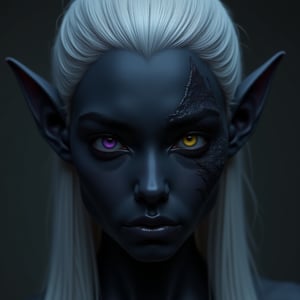 1girl, (masterpiece,score_9,score_8_up,score_7_up,score_6_up),girl, female drow, pointy ears, solo,   
,FluxBoost,
((perfect lighting, illuminating all the skin and face)).

(((20 years old))),  ((sharp focus)), (((light armor, very light armor))),
((((portrait of the face, many details, very attractive))),

(((face towards viewer, looking at viewer)))

((((Zesstra)))), ((dark grey blue skin, big scar on one eye, heterochromia)), ((long ears, pan ears)), ((very athletic, highly intelligent))
((purple eyes, yellow eyes))
((smooth hair, strands in face)), ((long ears, upward ears))

((((Text tag: Zesstra Do'Urden))))