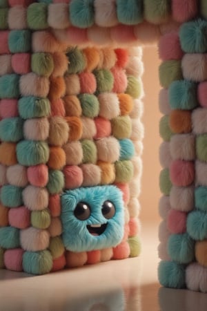 A wall out of many dull coloured cubes that are tasty candy cubes. But only the vibrant blue cube-shaped mascot is happy and smiling. Focus on the smile.
A door opens, putting the scene into perfect lighting.