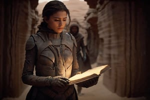 1girl,(((chani))), ((well visible face)),,
Masterful, perfect lighting, uhd,

chani discovering ancient text

the lighting and composition reflect a sinister atmosphere
,Dune,directed by Denis Villeneuve,cinematic,movie,futuristic,sci-fi,

(perfect hands, perfect eyes), (suit), (gauntlets)