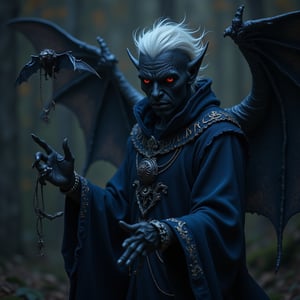 The magician is some weird kind of dark elf and has needle sharp teeth. His face is horned and with charcoal black skin . He wears a dark blue robe with a cryptic fine writing in golden letters as embroidering and has a magic staff that is magically blue and adds even more terror to the horrific scene. The staff itself is made from bones. He gazes at the viewer with cold lidless eyes.

On a very fine chain he has a a bat that flies in midair

The whole picture shows a dark atmosphere like from a sinister movie.

(((not cropped))), (((well painted eyes))), ((((well painted hands)))), ((((well formed hands)))), (((no missing fingegrs, no extra fingers)))), ((no fire)), ((hands and face have the same colour)),spread wings,flying,stark white hair,sleek black skin,drow