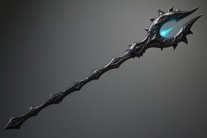 Create a picture of a dark elf Staff.

It has magical runes in an unknown language, 
on the end is its power source.

The general material is dark ebony.
The staff is portrayed against a neutral background

High quality, perfect composition, perfeght lighting.