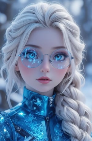 A surreal ice girl, face portrait, futuristic glasses and clothes, the glasses consisting of very fine and well designed Ice, neon gradient coloured.
The glasses are symmetric
The clothes are blue, thin, tight, translucent, portraying snow flakes

Full lips.
The hair is natural platinum white, with a thin, expertly made single braid.
a young woman with fair skin.
Very orderly smooth hair, well kempt, no extra hairdo except from the uniformly made braid.
This is a Dutch braid. This braid starts at the top of her head, goes to the back, eventually draping over her shoulder.
Her overall appearance is with an air of grace, representing her role as Princess and her mastery over ice and snow,
though she is also still a teenager.
She looks like Elsa from Disney. 
She has large, expressive blue eyes and delicate facial features.

braid_dutch,

(((((No jacket, no zipper.))))) No strange ears.
No hair strands, no lose hair. All hair is either kempt back or goes into her braid.
Perfect hands with perfect fingers.

She is not affected by this: Her clothes are so cold that they get ice crystals on the surface.