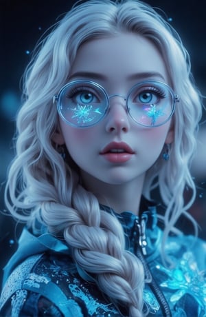 A surreal ice girl, face portrait, futuristic glasses and clothes, the glasses consisting of very fine and well designed Ice, neon gradient coloured.
The glasses are symmetric
The clothes are icy blue,  portraying snow flakes

Full lips.
The hair is natural platinum white, with a thin, expertly made single braid.
a young woman with fair skin.
Very orderly smooth hair, well kempt, no extra hairdo except from the uniformly made braid.
This is a Dutch braid. This braid starts at the top of her head, goes to the back, eventually draping over her shoulder.
Her overall appearance is with an air of grace, representing her role as Princess and her mastery over ice and snow,
though she is also still a teenager.
She looks like Elsa from Disney. 
(((She has large, expressive blue eyes and delicate facial features with full lips and a cute nose))).

braid_dutch,

(((((No jacket, no zipper.))))) No strange ears. No shoulder skin. No 2nd braid.
No hair strands, no lose hair. All hair is either kempt back or goes into her braid.
Perfect hands with perfect fingers.

She is not affected by this: Her clothes are so cold that they get ice crystals on the surface.
It is a very dark and starry night.