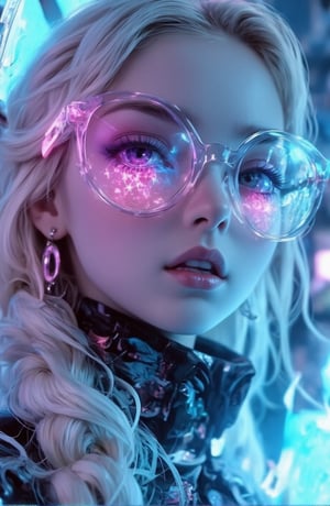 A surreal ice girl, face portrait, futuristic glasses and clothes, the glasses consisting of very fine and well designed Ice, neon gradient coloured.

Full lips.
The hair is white, with expertly made braids.
She looks like Elsa from Disney
