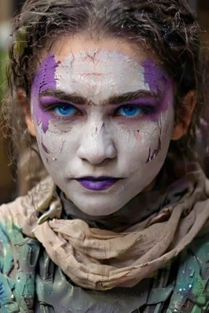 1girl, solo, chani, (cosplaying as Joker (from Batman's Movie)):0.4), detailed face, detailed eyes, matching cosplay make-up,, (((blue eyes))),perfect hands, colourful paint in face,suit,scarf