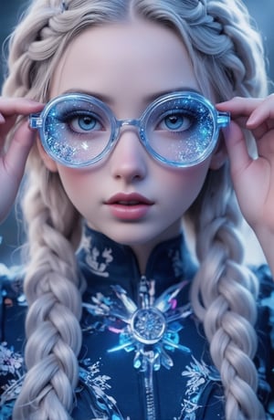 A surreal ice girl, face portrait, futuristic glasses and clothes, the glasses consisting of very fine and well designed Ice, neon gradient coloured.
The clothes are blue, thin, tight, portraying snow flakes

Full lips.
The hair is natural white, with thick, expertly made braids.
Very orderly hair.
She looks like Elsa from Disney

Perfect hands, perfect fingers.
No jacket. No round glasses.
