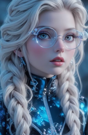 A surreal ice girl, face portrait, futuristic glasses and clothes, the glasses consisting of very fine and well designed Ice, neon gradient coloured.
The clothes are blue, thin, tight, portraying snow flakes

Full lips.
The hair is natural white, with thick, expertly made braids.
Very orderly hair.
She looks like Elsa from Disney

Perfect hands, perfect fingers.
No jacket. No round glasses.
