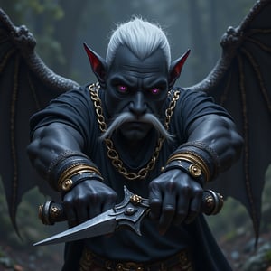 The person is some weird kind of dark elf. He is very muscular and it shows. (Some of his teeth are golden.) His face has dark grey skin . He wears colourful mexican clothes. The silken clothes with the gold look Mexican. He gazes at the viewer with cold lidless purple eyes. (He also wears a Mexican bandana, a mexican hat). He has countless tattoos

He stands. The (( hands or hand hold an oversized weapon, and it is pointed at the viewer)).
He wears a big oversized gold chain and golden rings on his fingers, like an gangster. He also wears a striking white mexican mustache and an unshaved  3 day beard.

The whole picture shows a dark atmosphere with a hint of comedy.

(((not cropped))), (((well painted eyes))), ((((well painted hands)))), ((((well formed hands)))), (((no missing fingegrs, no extra fingers)))), ((no fire)), ((hands and face have the same colour)),spread wings,flying,stark white hair,sleek black skin,drow