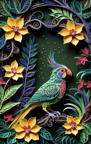 (Kirigami) a kirigami work of an (exotic stout  yellow and red bird) which exudes majesty and calmness. Many exotic green and lilac plants intricately textured and extremely subtle detailed, all under a mystical )starry dark night). detailmaster2,  side-light, fine artwork, The parrot is enjoying its meal in a tender atmosphere