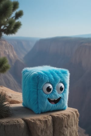 vibrant blue cube-shaped mascot on the brink of a canyon, looking down, seeing the vast canyon,
amazing photo with perfect light, perfect angle, masterfully put in scene to produce a dangerous looking photo that is immensely stunning.
You can see its eyes and little feet. 