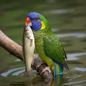 (((an amazin parrot in a national park catching a fish)))