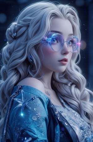 A surreal ice girl, face portrait, futuristic glasses and clothes, the glasses consisting of very fine and well designed Ice, neon gradient coloured.
The glasses are symmetric
The clothes are icy blue,  portraying snow flakes

Full lips.
The hair is natural platinum white, with a thin, expertly made single braid.
a young woman with fair skin.
Very orderly smooth hair, well kempt, no extra hairdo except from the uniformly made braid.
This is a Dutch braid. This braid starts at the top of her head, goes to the back, eventually draping over her shoulder.
Her overall appearance is with an air of grace, representing her role as Princess and her mastery over ice and snow,
though she is also still a teenager.
She looks like Elsa from Disney. 
She has large, expressive blue eyes and delicate facial features with full lips and a cute nose.

braid_dutch,

(((((No jacket, no zipper.))))) No strange ears. No shoulder skin. No 2nd braid.
No hair strands, no lose hair. All hair is either kempt back or goes into her braid.
Perfect hands with perfect fingers.

She is not affected by this: Her clothes are so cold that they get ice crystals on the surface.
It is a very dark and starry night.