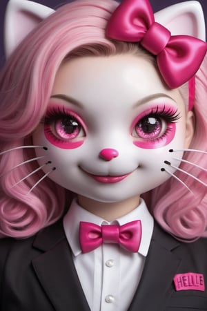 1girl, solo,(cosplaying as Joker (from Batman's Movie)):0.6), evil eyes, detailed face, detailed eyes, matching cosplay make-up, colourful joker face paint, (((cat eyes))), colourful paint in face,suit,Hello Kitty, typical pink Hello Kitty skin, (perfect cute paws):1.5, ribbon in hair, cute nose, crazy broad joker smile, fine real cat whiskers, Text saying:"Kitty", SFW