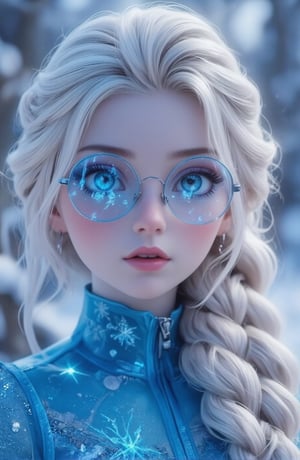 A surreal ice girl, face portrait, futuristic glasses and clothes, the glasses consisting of very fine and well designed Ice, neon gradient coloured.
The glasses are symmetric
The clothes are blue, thin, tight, translucent, portraying snow flakes

Full lips.
The hair is natural platinum white, with a thin, expertly made single braid.
a young woman with fair skin.
Very orderly smooth hair, well kempt, no extra hairdo except from the uniformly made braid.
This is a Dutch braid. This braid starts at the top of her head, goes to the back, eventually draping over her shoulder.
Her overall appearance is with an air of grace, representing her role as Princess and her mastery over ice and snow,
though she is also still a teenager.
She looks like Elsa from Disney. 
She has large, expressive blue eyes and delicate facial features.

braid_dutch,

No jacket, no zipper. No strange ears.
No hair strands, no lose hair. All hair is either kempt back or goes into her braid.
Perfect hands with perfect fingers.