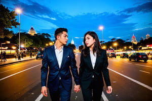 two people walk a distance but glance at each other in the cityscape of Jakarta, an Indonesian man walks gracefully outside the Jakarta Monas Monument, attracting the attention of an Indonesian woman who is mesmerized by the scent of cologne passing by. The surrounding environment is illuminated by the soft light of Jakarta city lights creating a romantic and enchanting atmosphere. Indonesian women standing in the shadows, watching Indonesian men with curiosity and admiration. Indonesian woman wearing a blazer and trousers, Taken by Rankin with a Canon EOS R6 camera and 35mm lens, the lighting includes the warmth of Jakarta's city lights, adding a touch of cinematic appeal to this urban encounter, a realistic romantic atmosphere,girl