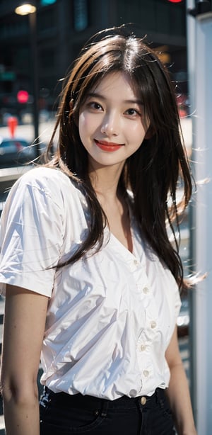  a girl,full body shot,masterpiece, top quality, (highly detailed 8k wallpaper, masterpiece, highest quality, best shadows), dynamic movements, beautiful detailed lighting, Korean, long black hair, medium chest, brown eyes, dimples, (front shot), full body shot, bright smile, (kindness smiling)