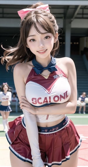 3girls, (threesome:1.5), the cheerful cheerleader girl, wearing a cheerleader outfit, holding huge pom-poms, enthusiastically cheering and boosting morale, creating a lively atmosphere. Capturing the scene of Mizuki of Taiwan cheerleader girl, the cheerful girl, dressed in a cheerleader uniform, using huge pom-poms to cheer and uplift spirit,Wearing a pink bow hair accessory on her head,Mizuki_Lin,perfect light