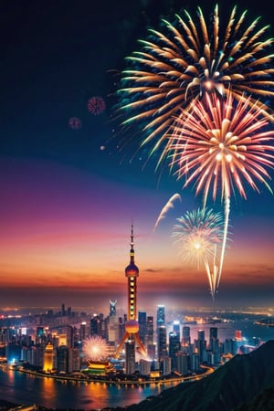 in the evening. 
Chinese New Year,
Brilliant fireworks,stars and planets are visible,night cityanalog photography, professional shooting, hyperrealistic, masterpiece, trend,krrrsty
