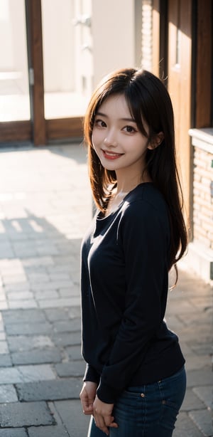  a girl,full body shot, masterpiece, top quality, (highly detailed 8k wallpaper, masterpiece, highest quality, best shadows), beautiful  lighting, Korean, long black hair, medium chest, brown eyes, dimples, (front shot), full body shot, bright smile, (kindness smiling)
