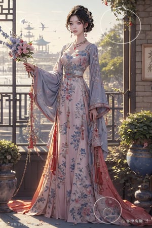 1girl, solo, looking at viewer, black hair, hair ornament, long sleeves, dress, holding, jewelry, standing, full body, flower, earrings, cloud, wide sleeves, necklace, chinese clothes, lightning