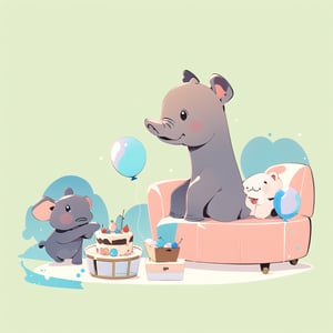 A Cute elephant wearing glasses and holding cake, Hiro Arakawa, flat illustration,gouache acrylic, minimalist, super high definition  