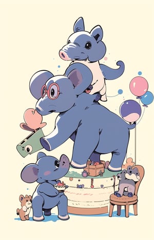 A Cute elephant wearing glasses and holding cake, Hiro Arakawa, flat illustration, children's illustration, gouache acrylic, minimalist, super high definition  