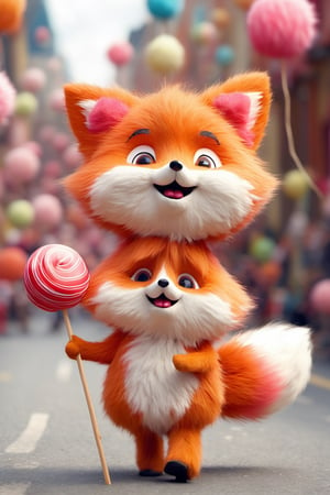 Cute Animals - A cute fluffy fox dressed as a child in a festival running on a street with a large lollipop. Its body is round and soft, with tiny paws and a small, cute face with big, shiny eyes and rosy cheeks.