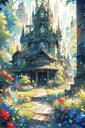 Masterpiece, this is a scene, the scene is in a castle made of glass, the garden is full of roses, everything in the garden is made of gold and precious stones, very rich castle manor, full of hope and emotion atmosphere, more layered, as if in a fantasy world, the grass and trees live freely