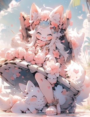 A happy high school girl, fox ears, pink elements