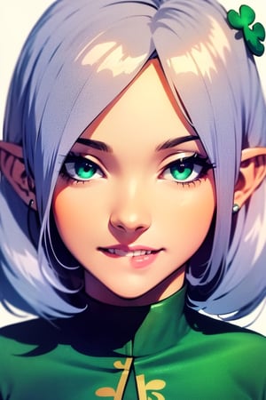 1 girl, elf, silver hair, short cut, (long ears: 1.3) (beautiful and aesthetic: 1.3), star-shaped eyes, green glow, Irish costume, BREAK, big smile, BREAK, highest quality, details, clover, photorealistic,BREAK,(St. Patrick's Day:1.5)
celts