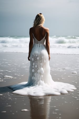 a blond woman on beach, covered in only dense layer small tiny white bubbles and foam, lots of white foam, bubbles covering whole body forming a long floaty light slip dress made of white foam all the way down to water, no swimsuit,  no fabric, the woman standing facing the water and giving the impression that the bottom of the bubbles is united with the water. beach background and sea, full body, hourglass waist, back to camera, looking away